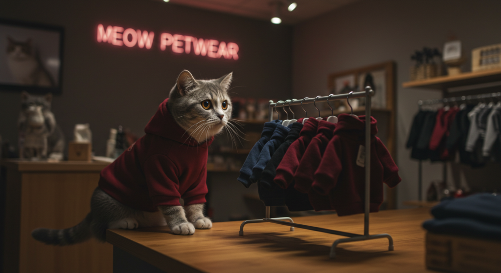 قطة ترتدي ملابس داخل متجر Meow Petwear
